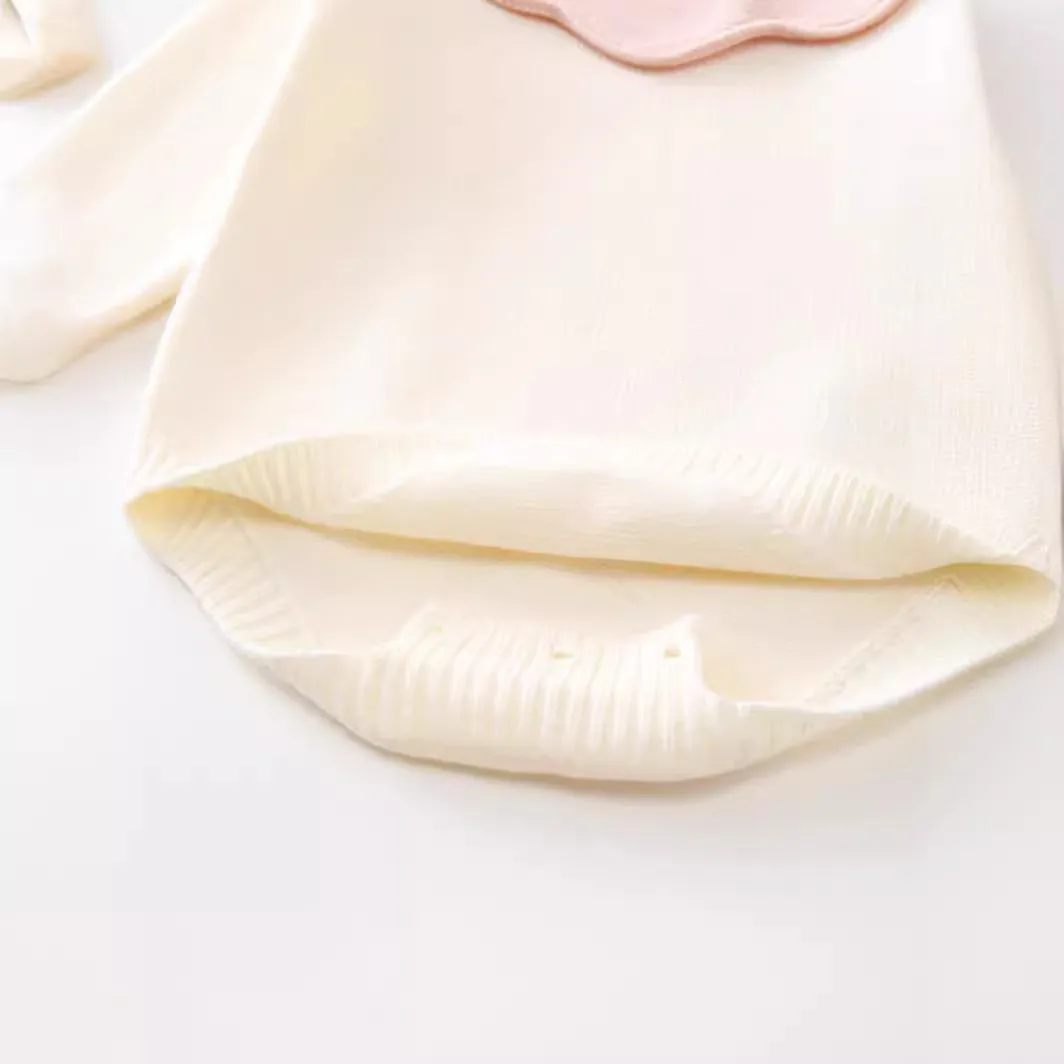 Beige knitted long sleeve triangle jumpsuit romper for baby girls, pullover style, suitable for heights 73-110cm