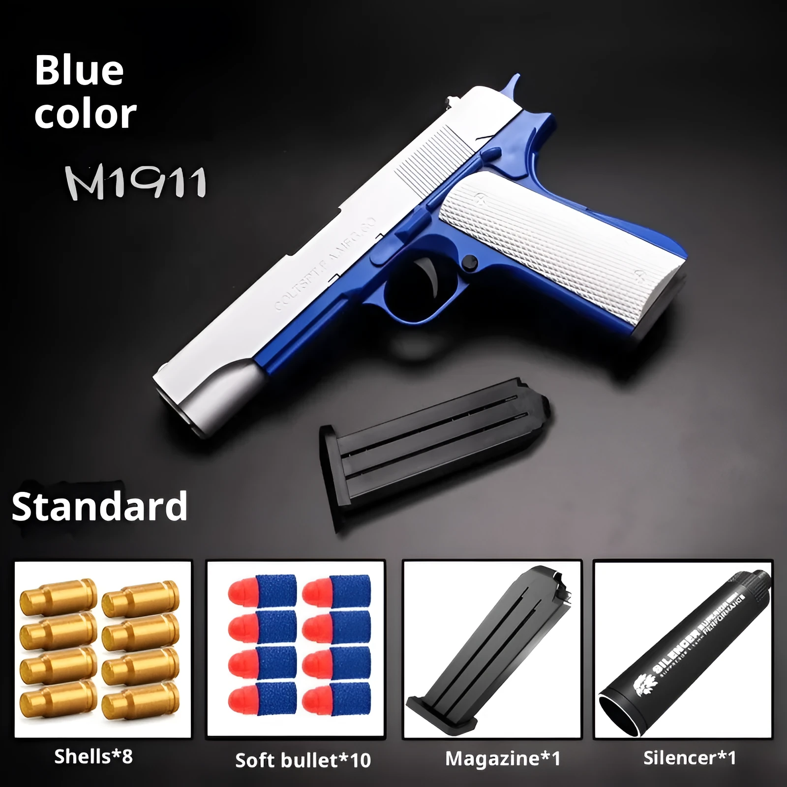 Children's M1911 plastic soft bullet gun toy with throw shell feature in Blue and White colour