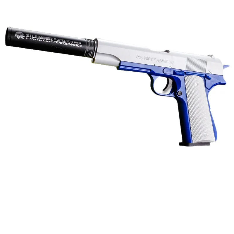 Children's M1911 plastic soft bullet gun toy with throw shell feature in Blue and White colour