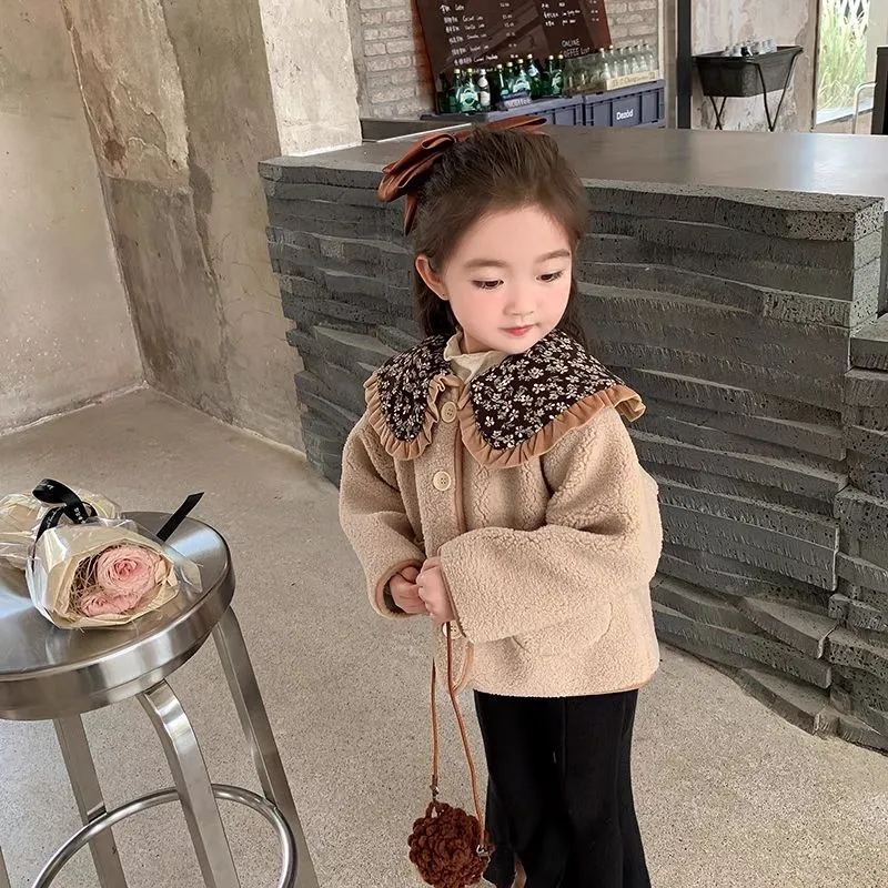 Mori style khaki fleece-lined coat for baby girls, long sleeve casual winter outerwear