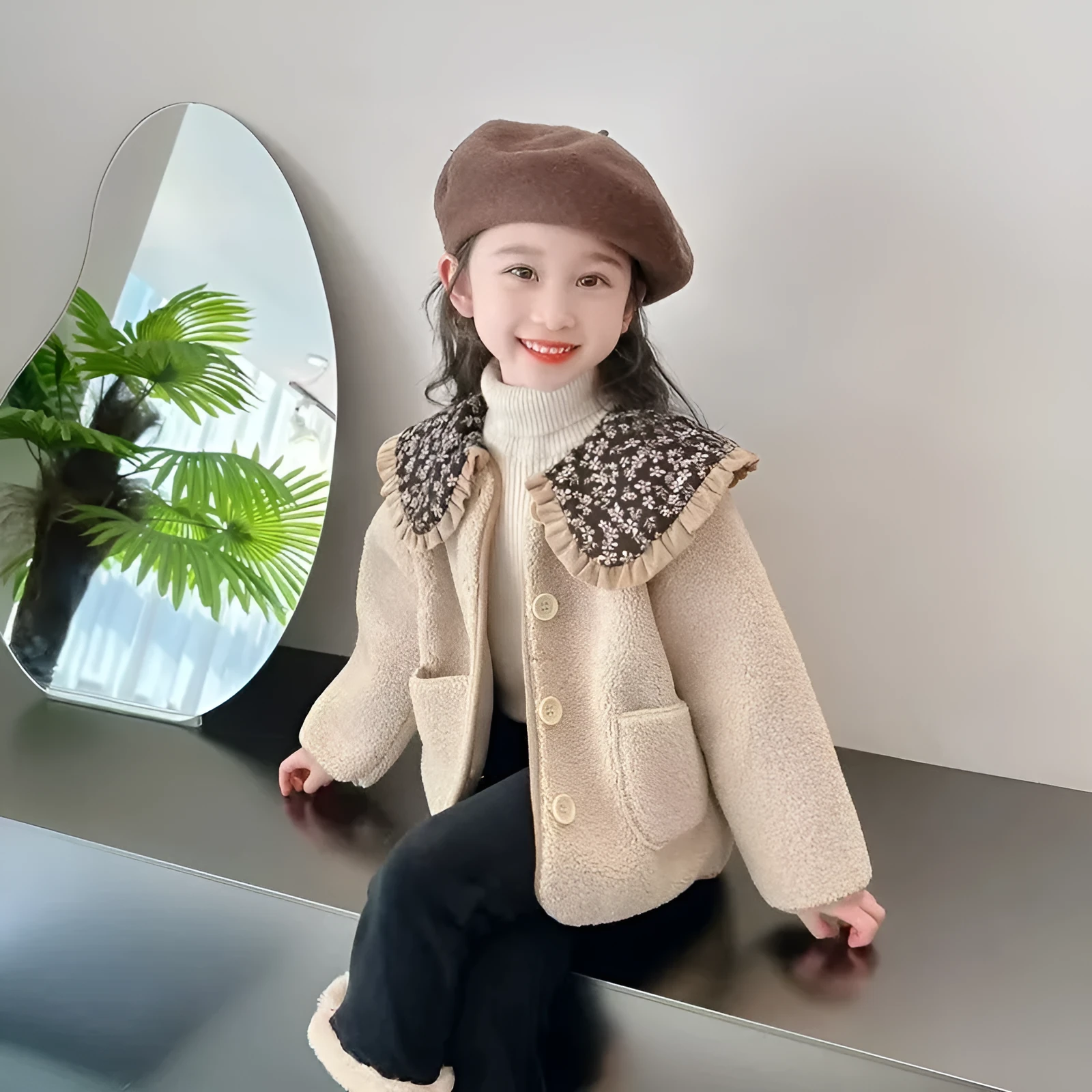 Mori style khaki fleece-lined coat for baby girls, long sleeve casual winter outerwear
