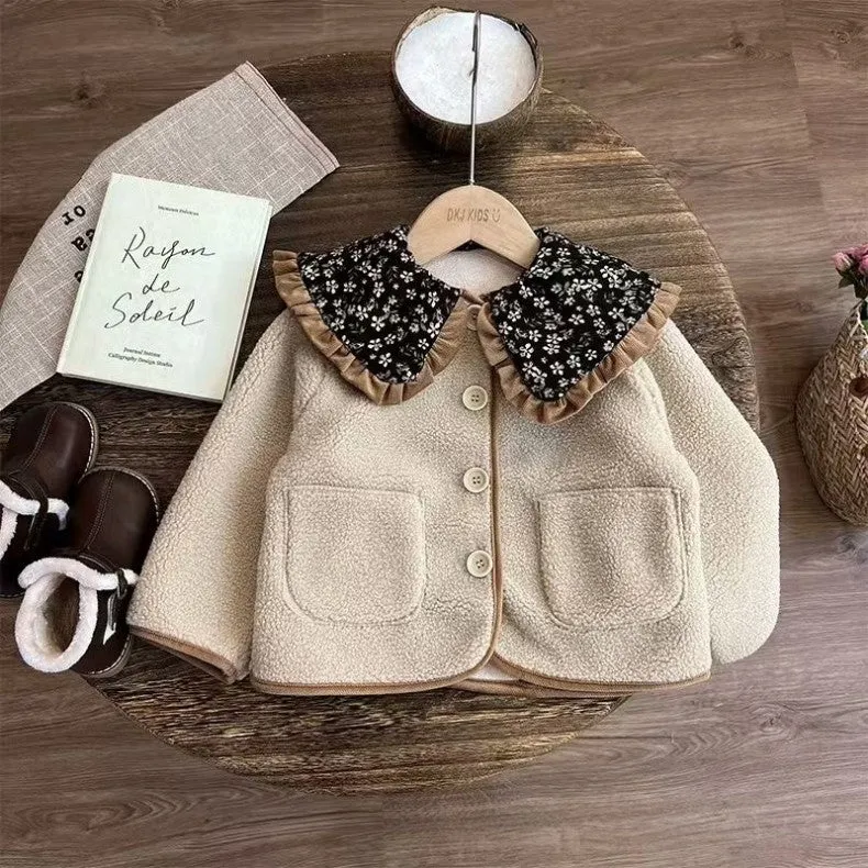 Mori style khaki fleece-lined coat for baby girls, long sleeve casual winter outerwear