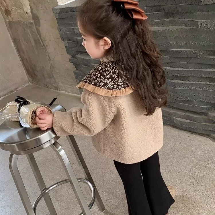Mori style khaki fleece-lined coat for baby girls, long sleeve casual winter outerwear
