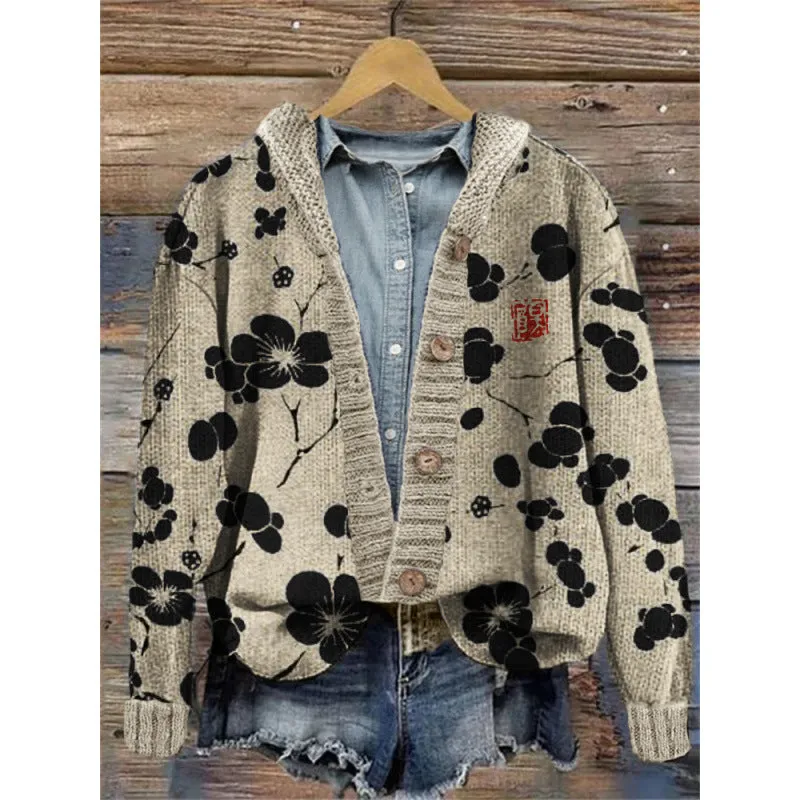 Women's digitally printed cardigan coat in polyester, open front style, shown on a hanger
