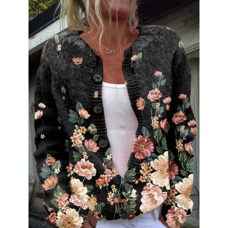 Women's digitally printed cardigan coat in polyester, open front style, shown on a hanger