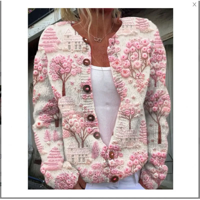 Women's digitally printed cardigan coat in polyester, open front style, shown on a hanger