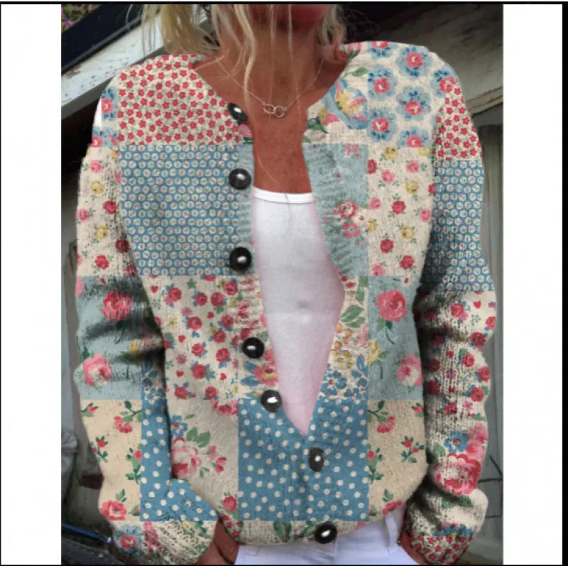 Women's digitally printed cardigan coat in polyester, open front style, shown on a hanger