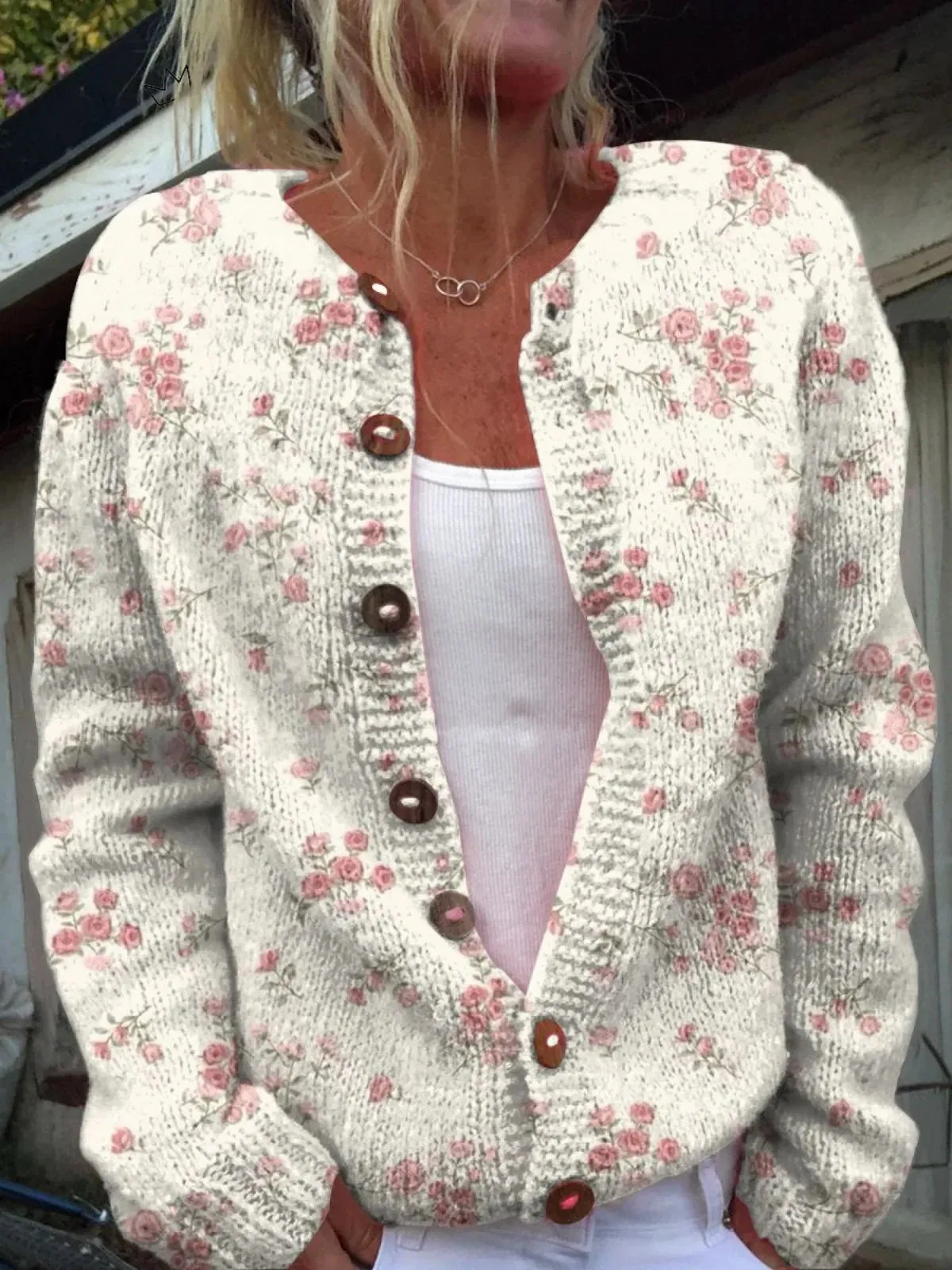 Women's digitally printed cardigan coat in polyester, open front style, shown on a hanger