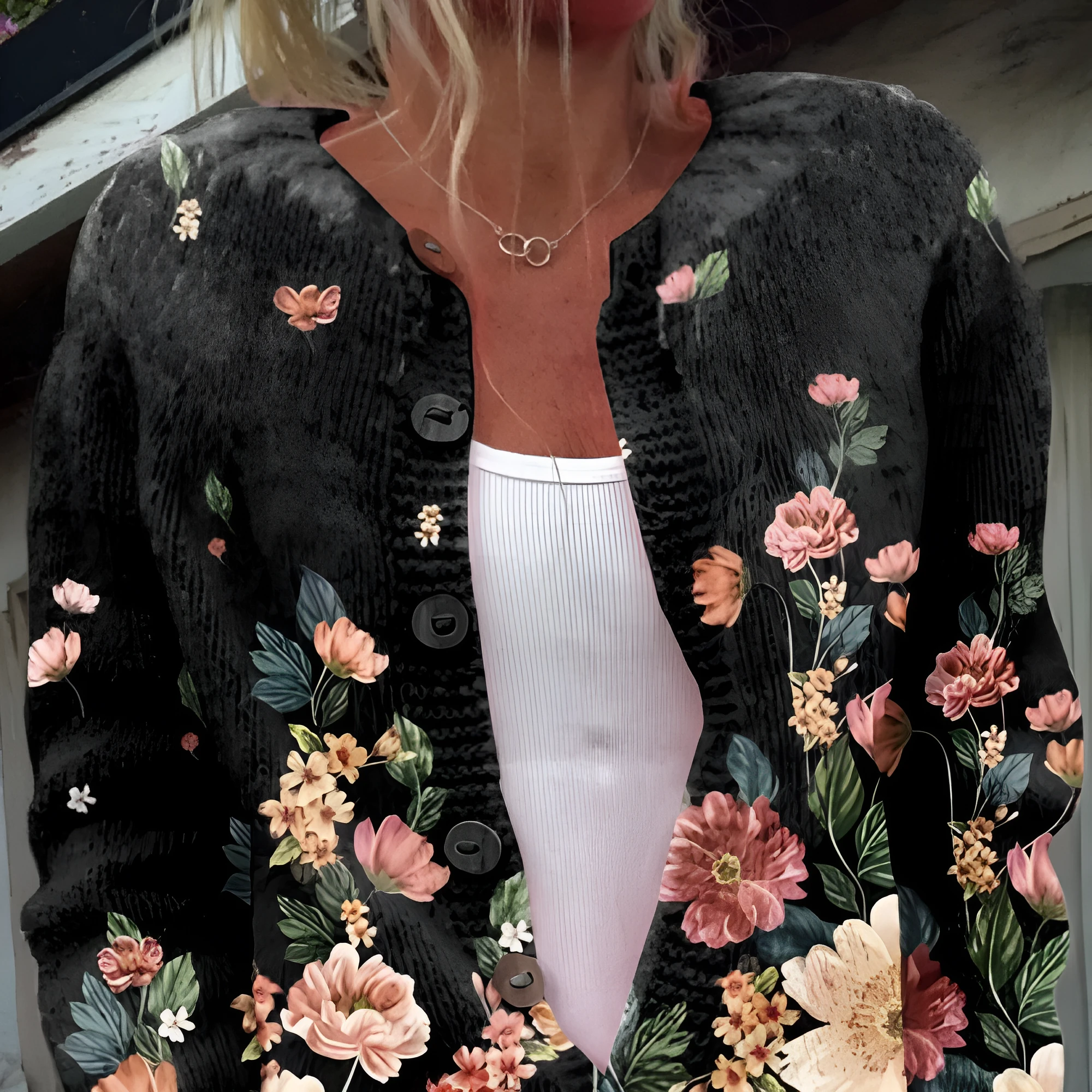 Women's digitally printed cardigan coat in polyester, open front style, shown on a hanger