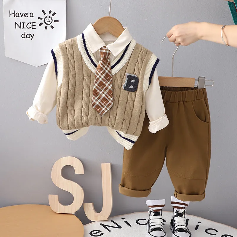 Boys cotton three-piece suit set with letter print blouse, trousers, and B-shaped sweater vest in beige