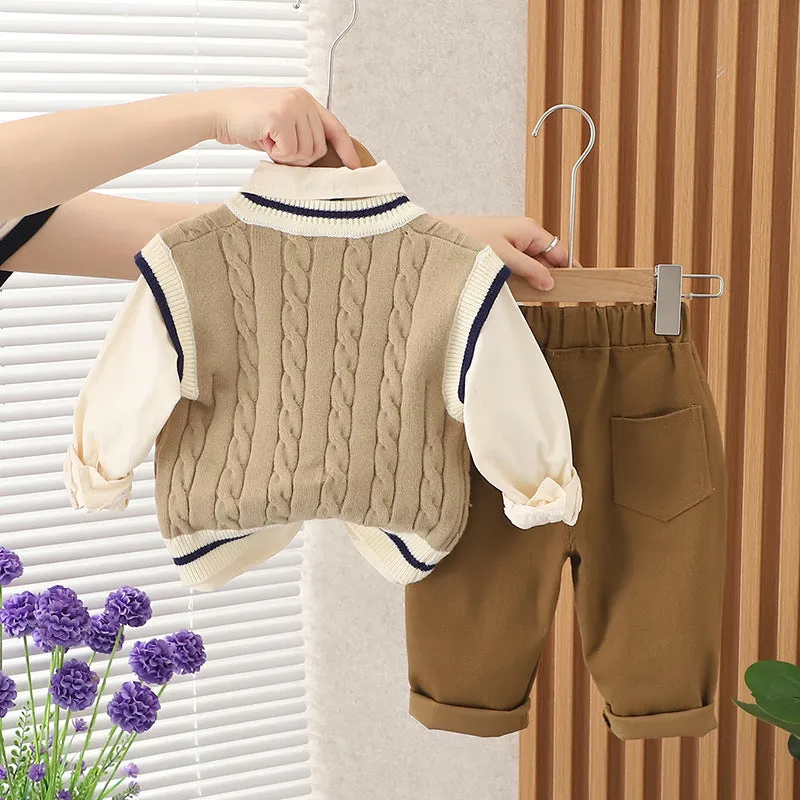 Boys cotton three-piece suit set with letter print blouse, trousers, and B-shaped sweater vest in beige
