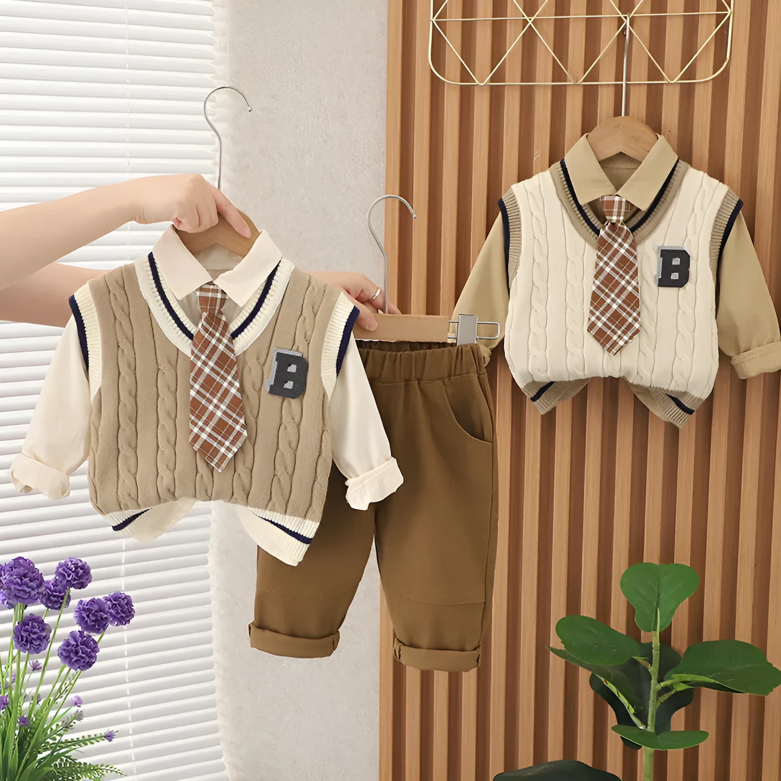 Boys cotton three-piece suit set with letter print blouse, trousers, and B-shaped sweater vest in beige