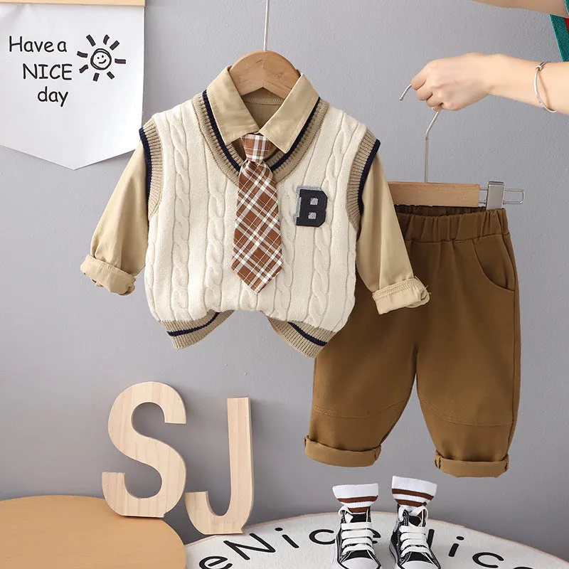 Boys cotton three-piece suit set with letter print blouse, trousers, and B-shaped sweater vest in beige
