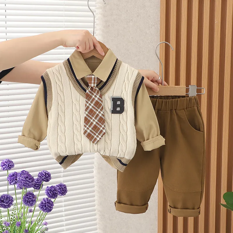 Boys cotton three-piece suit set with letter print blouse, trousers, and B-shaped sweater vest in beige