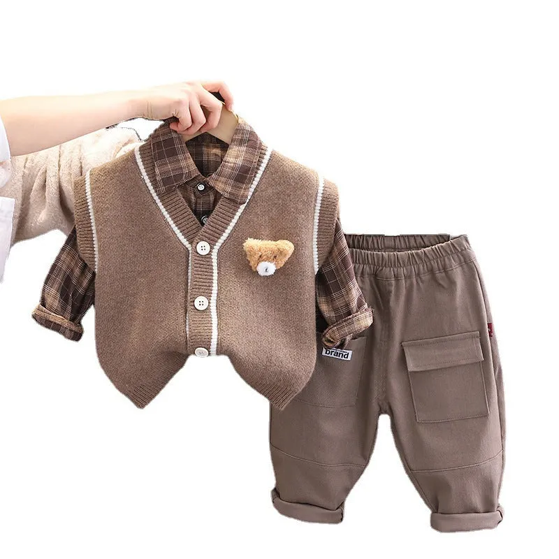 Children's knitted cotton sweater vest set with long sleeves, cartoon pattern, beige and brown colour options, sizes 80-120cm