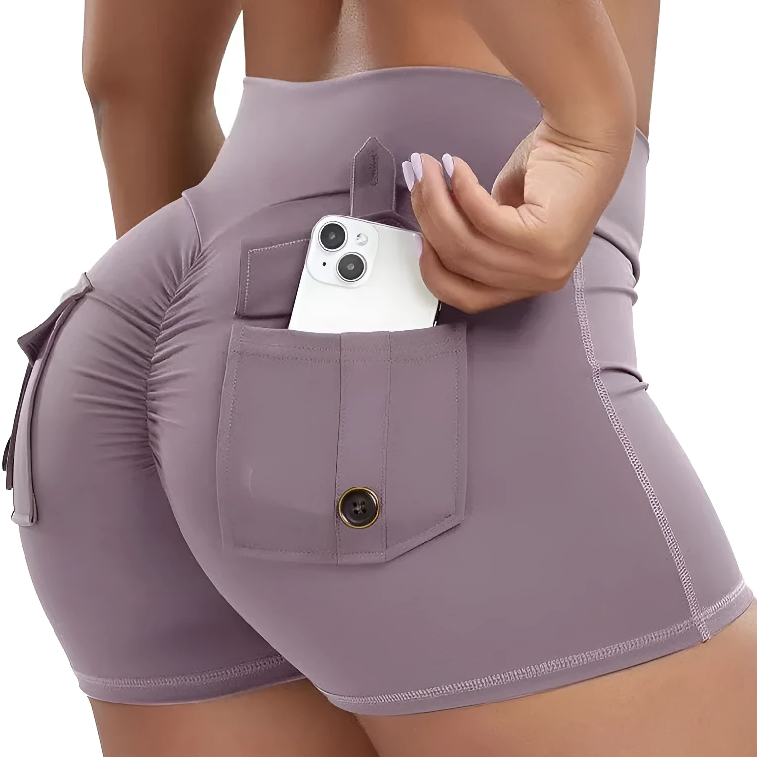 Women's peach hip-tight workout shorts in chemical fibre blend fabric for fitness activities