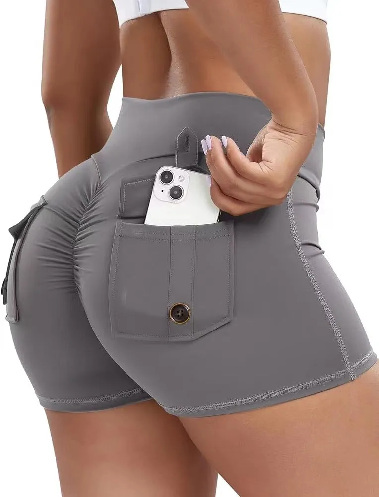 Women's peach hip-tight workout shorts in chemical fibre blend fabric for fitness activities