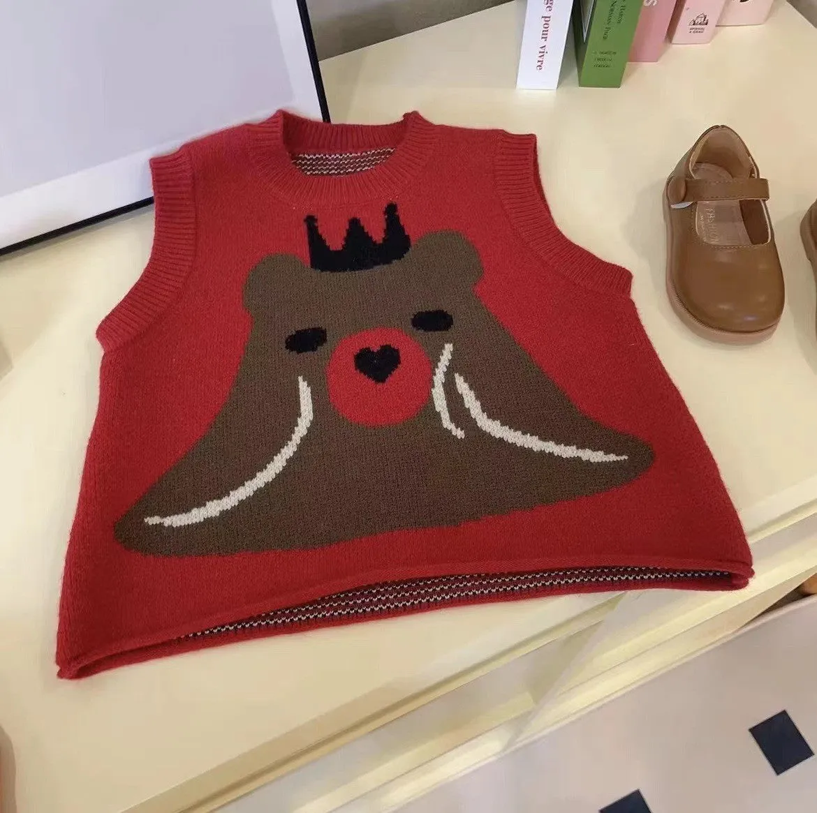 Girls cotton knitted vest with cartoon print in beige colour for toddlers