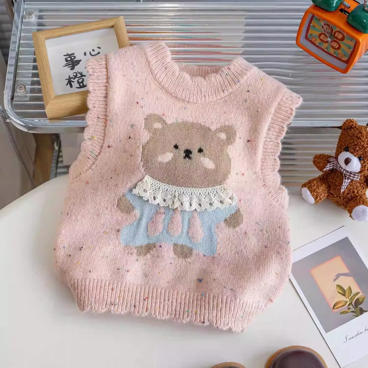 Girls cotton knitted vest with cartoon print in beige colour for toddlers