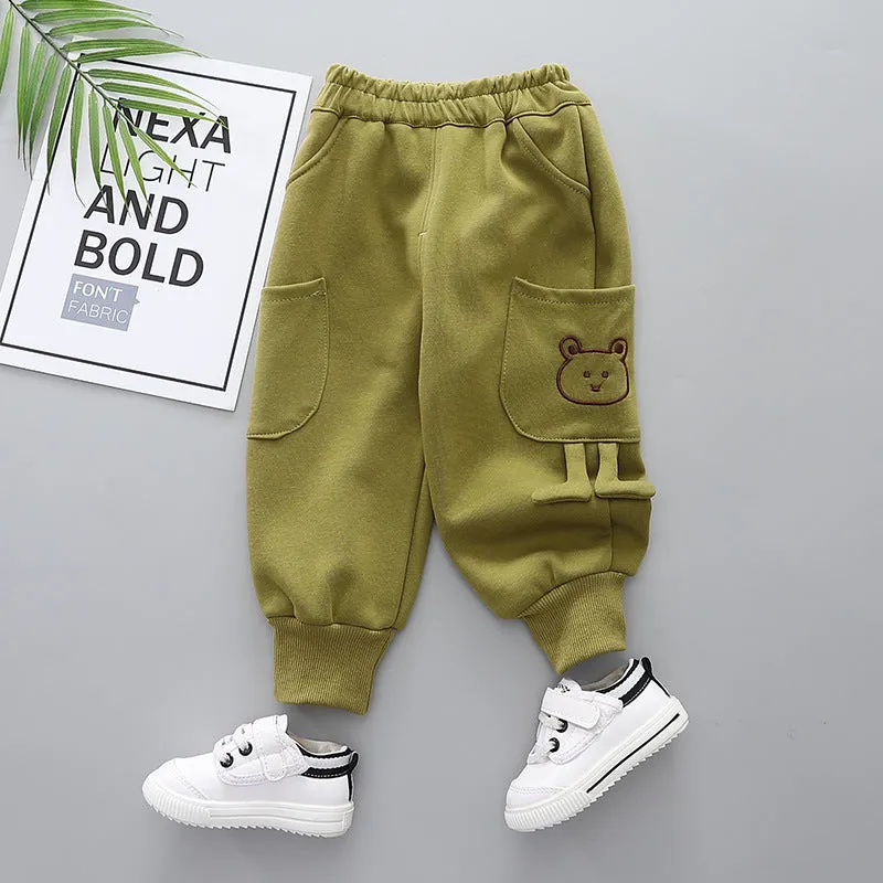 Boys' velvet sport pants in gray, green, and brown with elastic waistband and drawstring