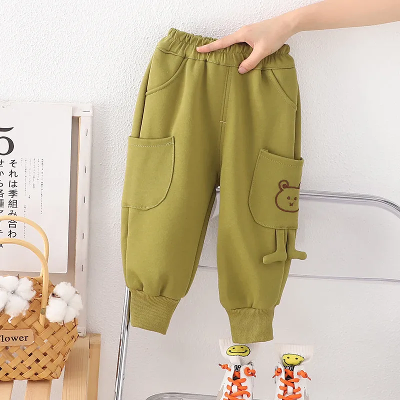 Boys' velvet sport pants in gray, green, and brown with elastic waistband and drawstring