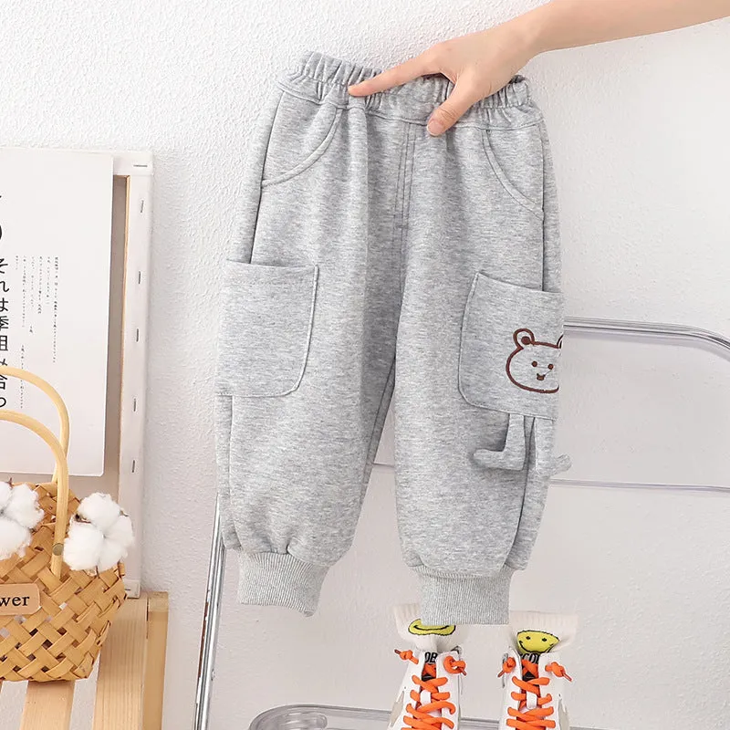 Boys' velvet sport pants in gray, green, and brown with elastic waistband and drawstring