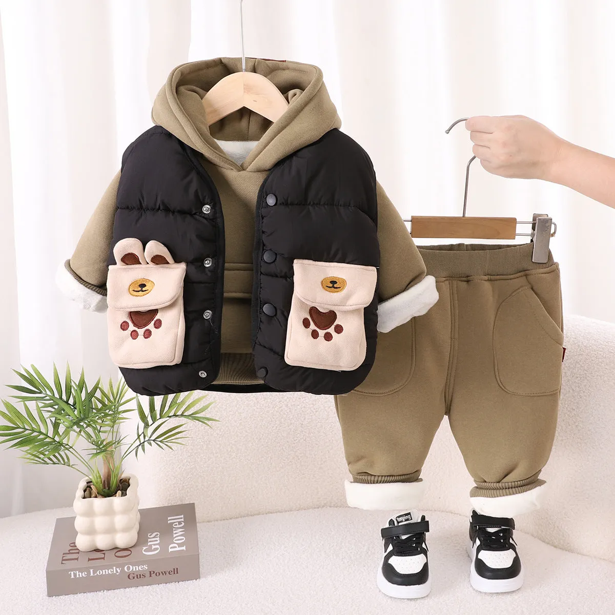 Boys' fleece lined cotton three piece suit with hooded top trousers and vest in green and black