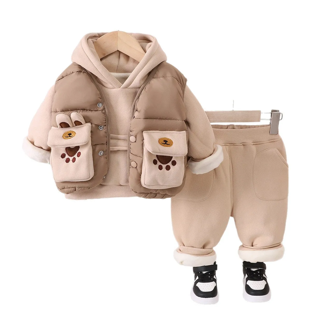 Boys' fleece lined cotton three piece suit with hooded top trousers and vest in green and black
