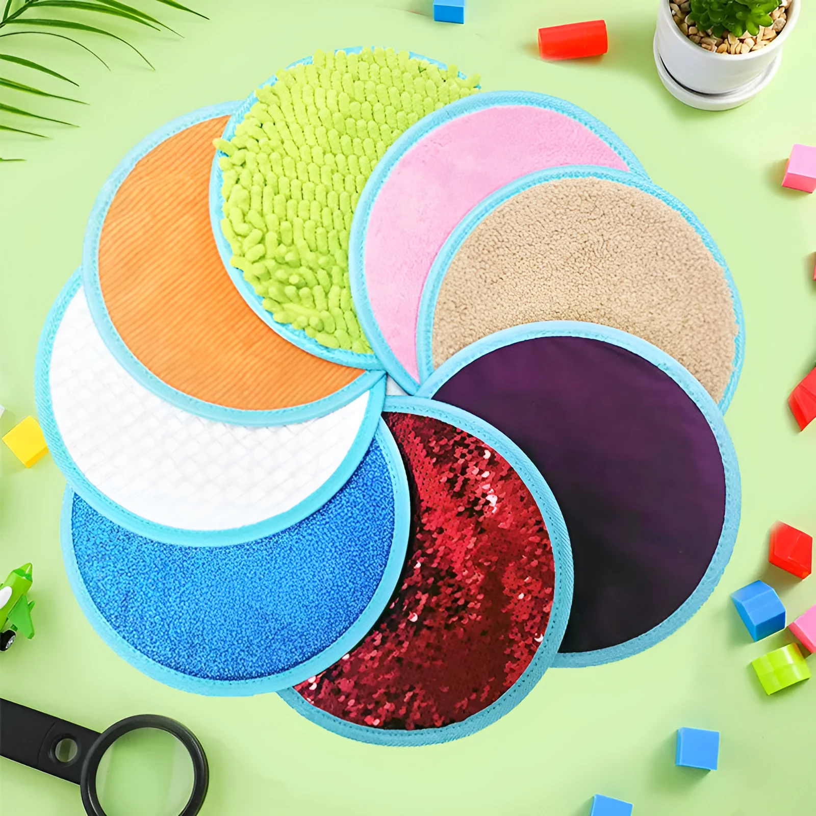 Autism children sensory pad recovery training set with 8 fabric pads on a flat surface