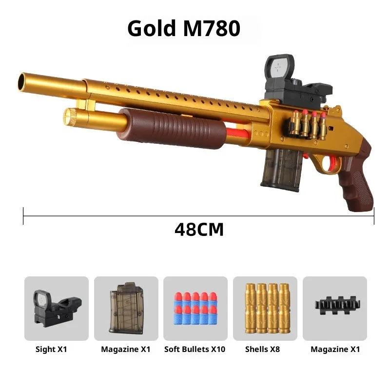 Sliding loaded throw shell soft elastic toy model 48cm plastic with two magazines and soft bullets Laifu Brown