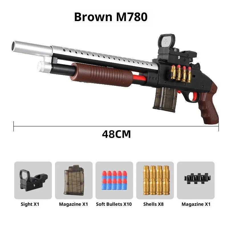Sliding loaded throw shell soft elastic toy model 48cm plastic with two magazines and soft bullets Laifu Brown