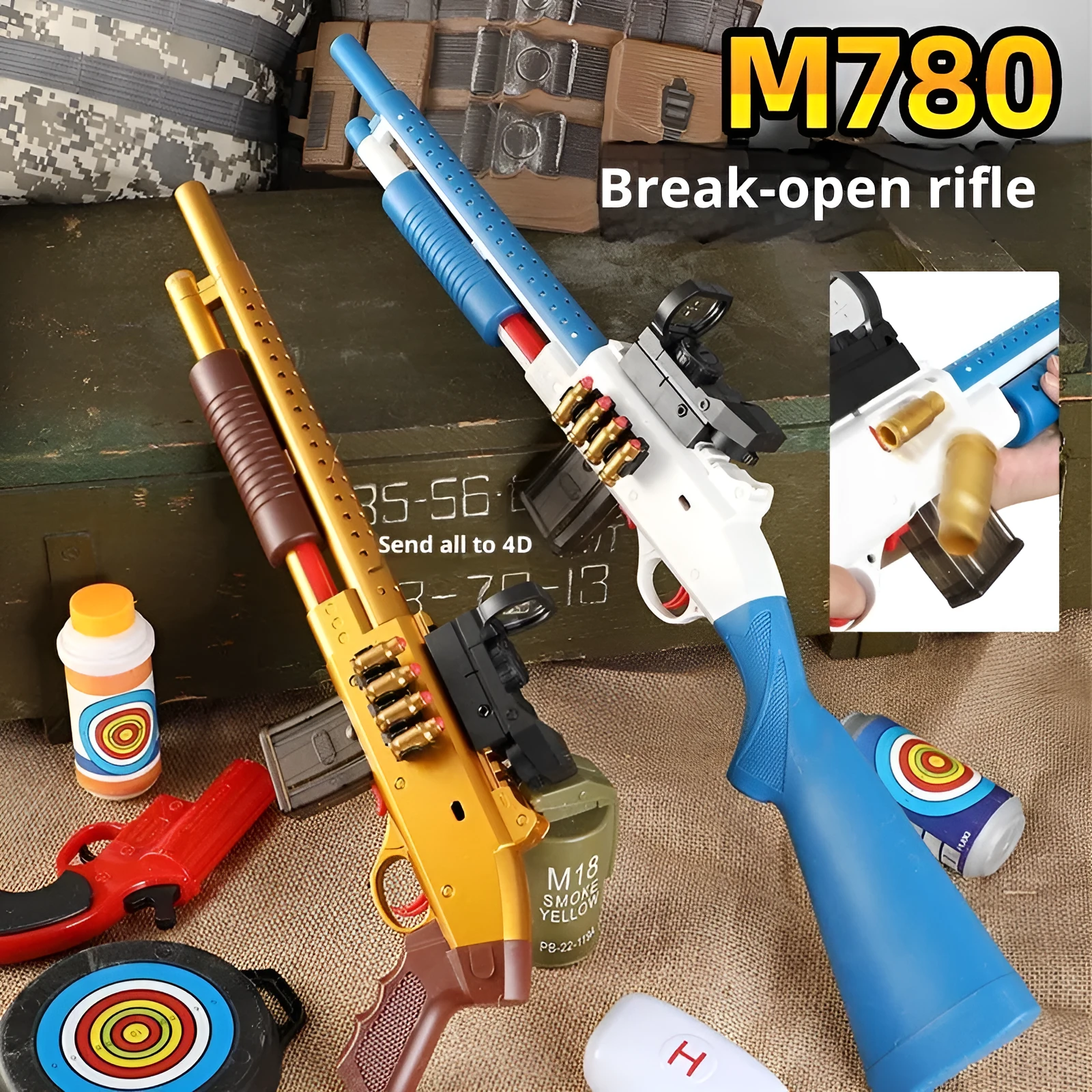 Sliding loaded throw shell soft elastic toy model 48cm plastic with two magazines and soft bullets Laifu Brown