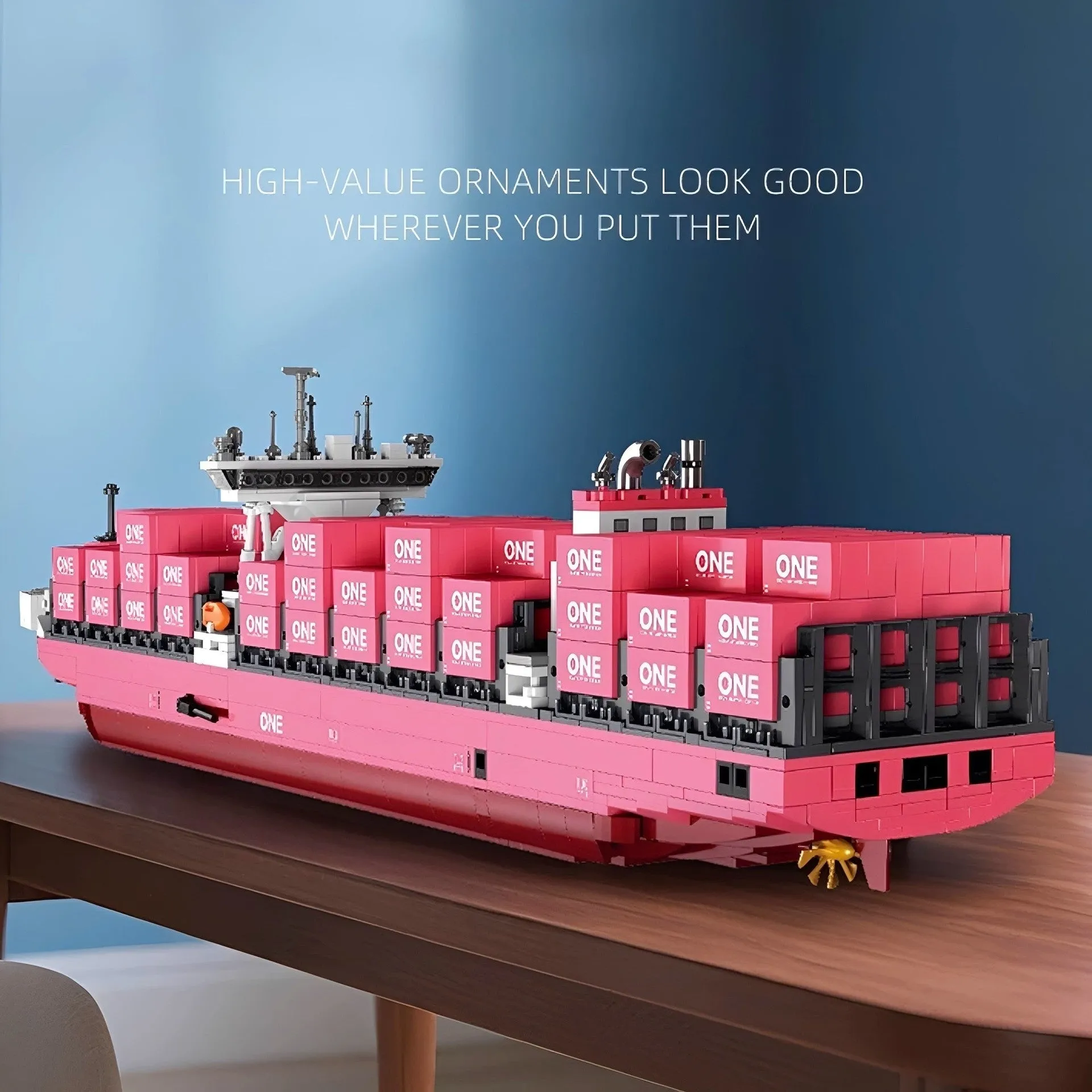 Freighter container ship building blocks in pink colour for teenager assembly