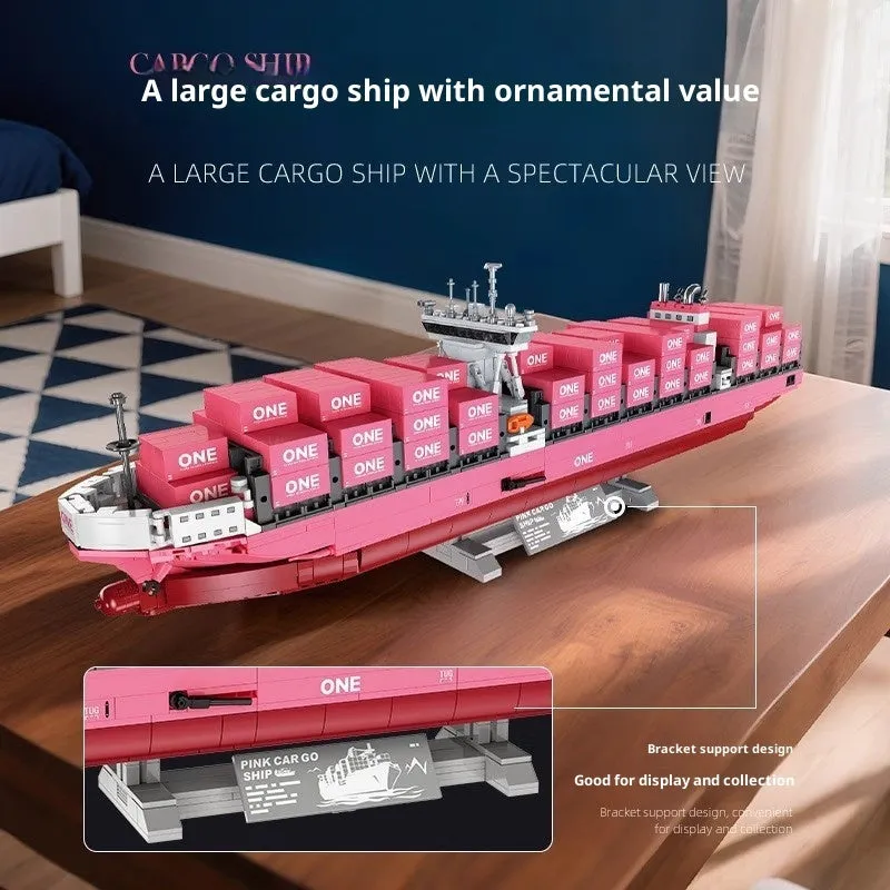 Freighter container ship building blocks in pink colour for teenager assembly