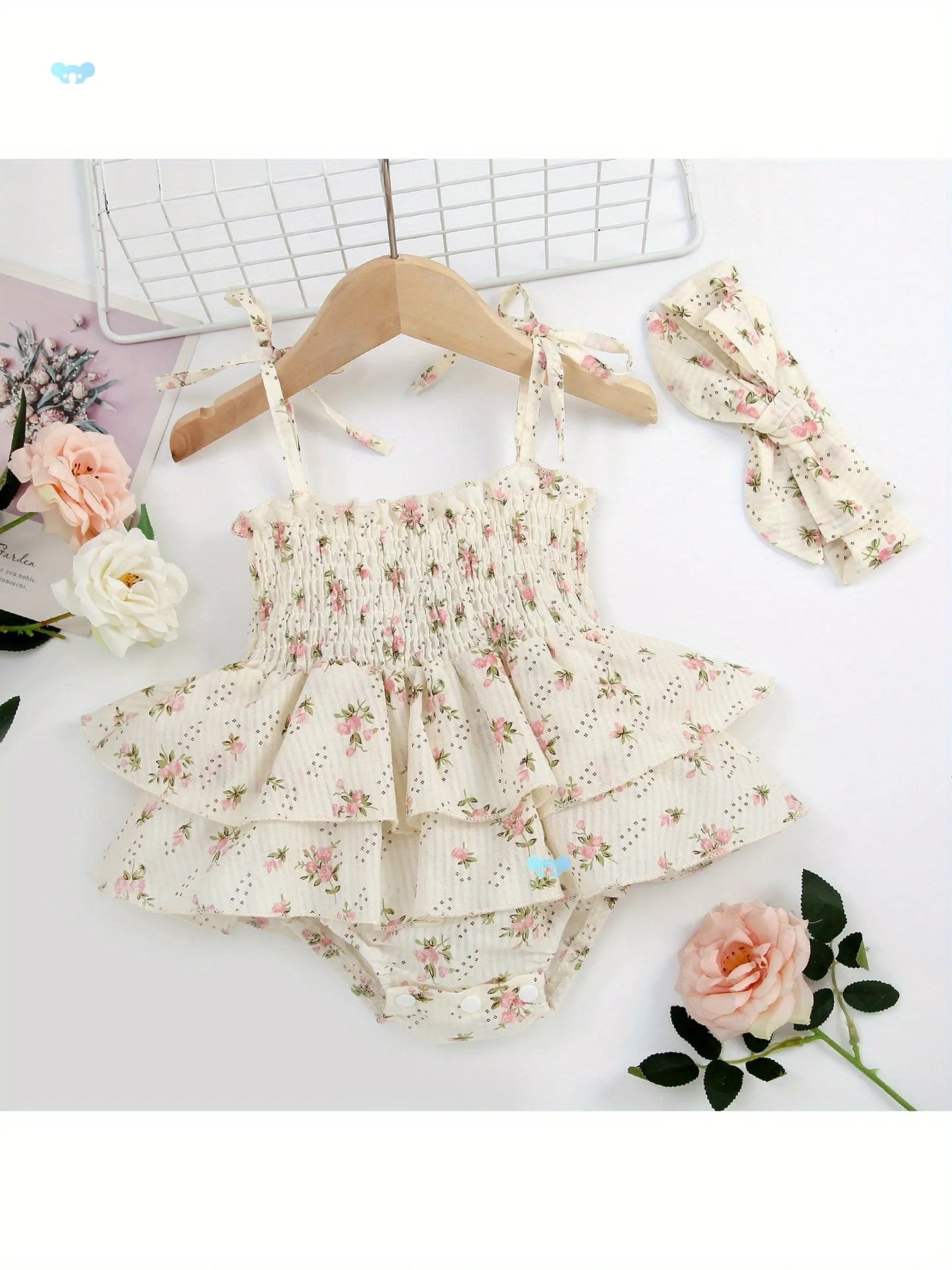 Beige corduroy rabbit fur A-line suspender skirt jumpsuit set for newborn baby girl with white T-shirt and headband