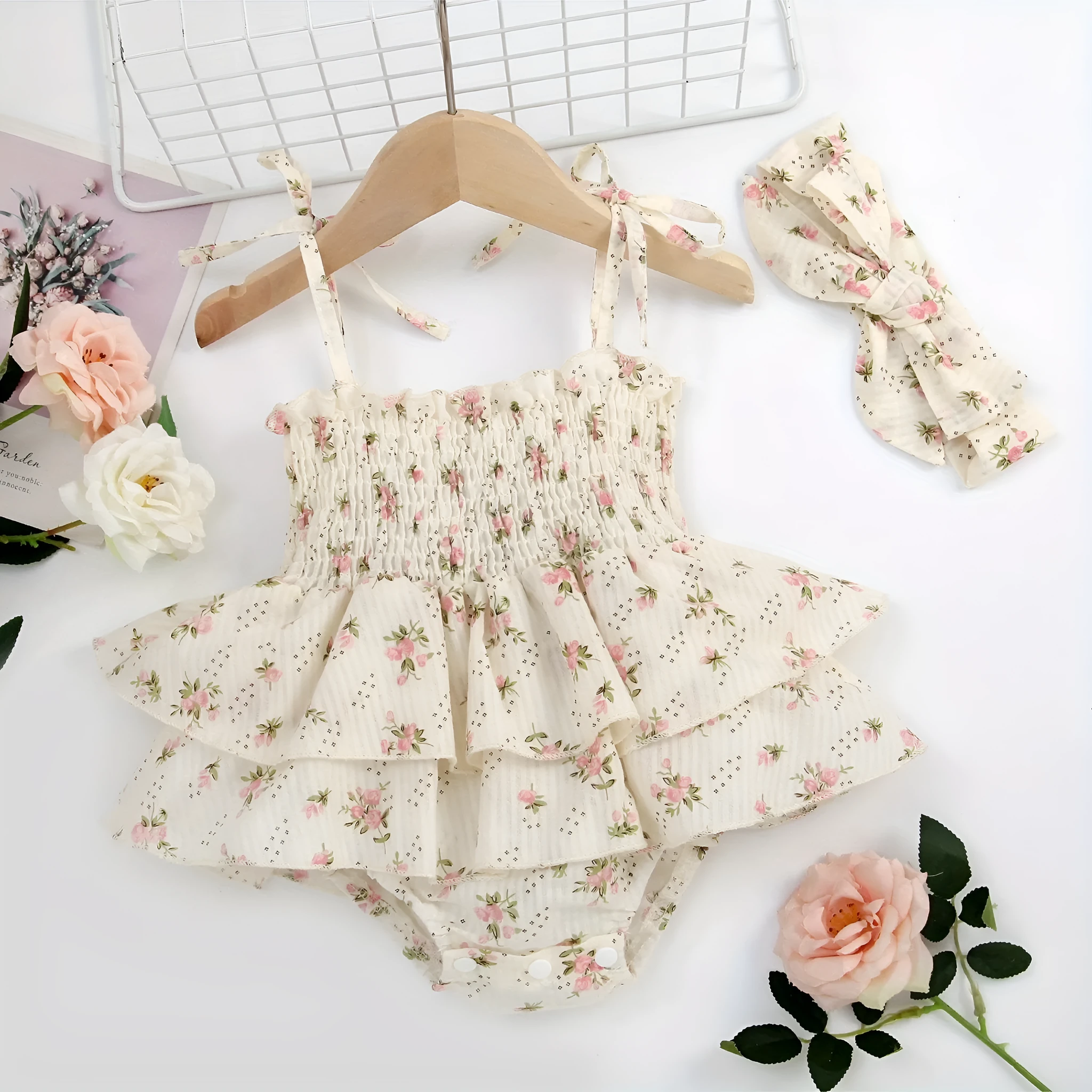 Beige corduroy rabbit fur A-line suspender skirt jumpsuit set for newborn baby girl with white T-shirt and headband