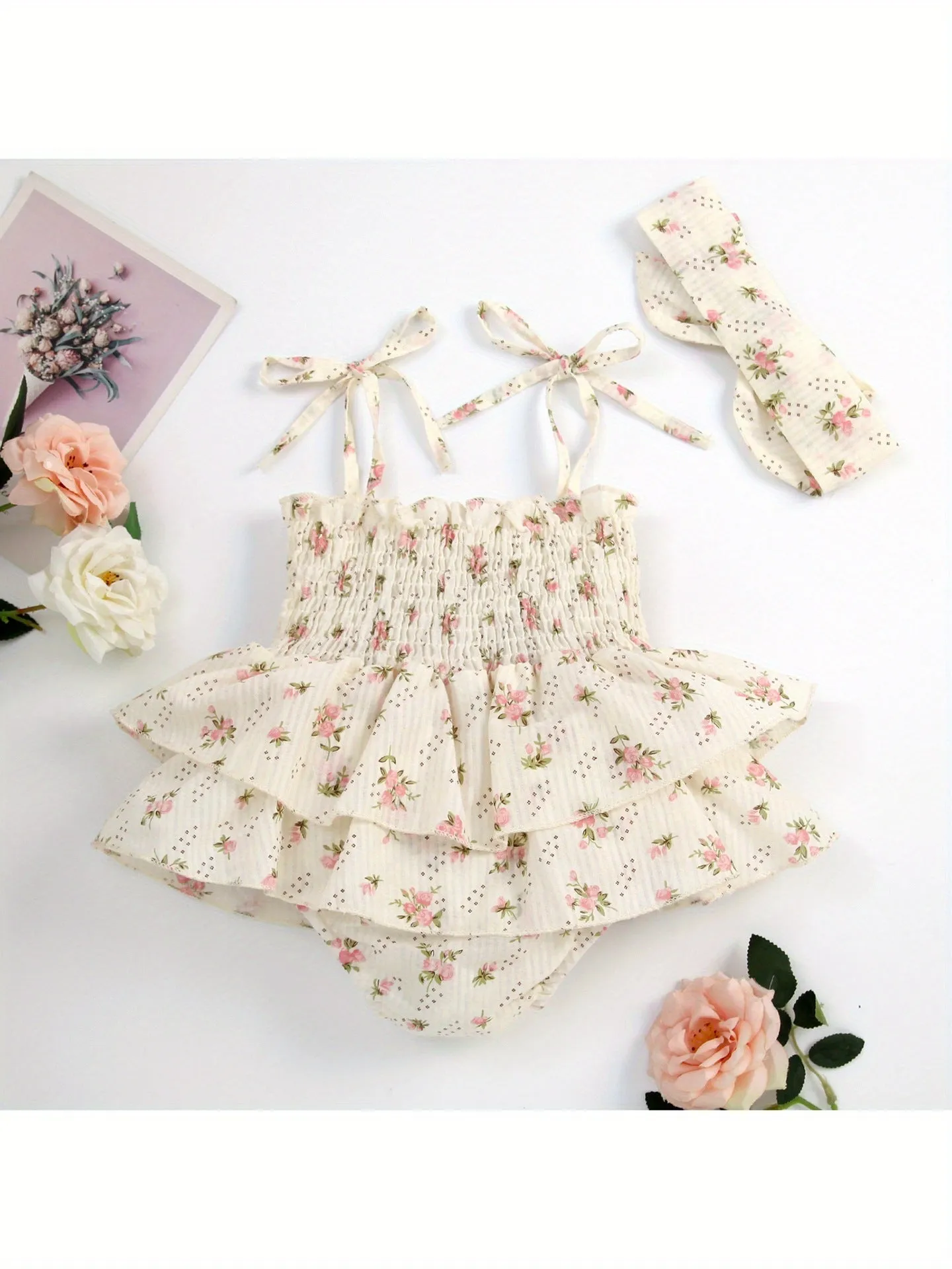 Beige corduroy rabbit fur A-line suspender skirt jumpsuit set for newborn baby girl with white T-shirt and headband