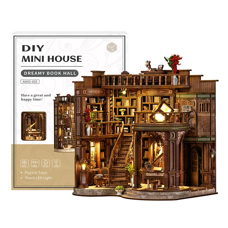 DIY wooden European architecture model of Sweet Dreams Book Hall with lamp line and matte rod