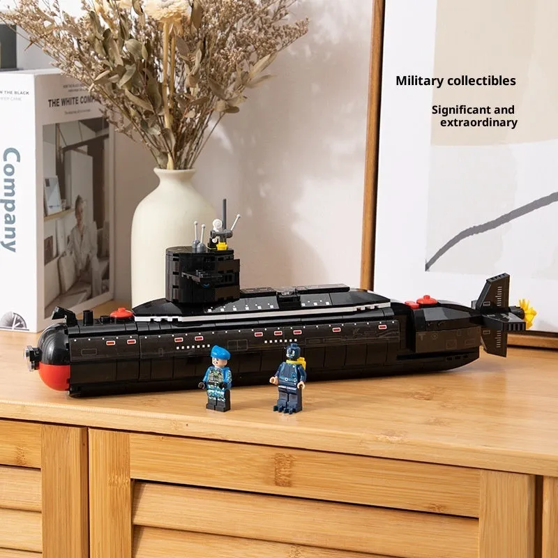 Military building blocks nuclear-powered submarine model assembled from small plastic bricks, colour box packaging, for kids aged 4 to 6