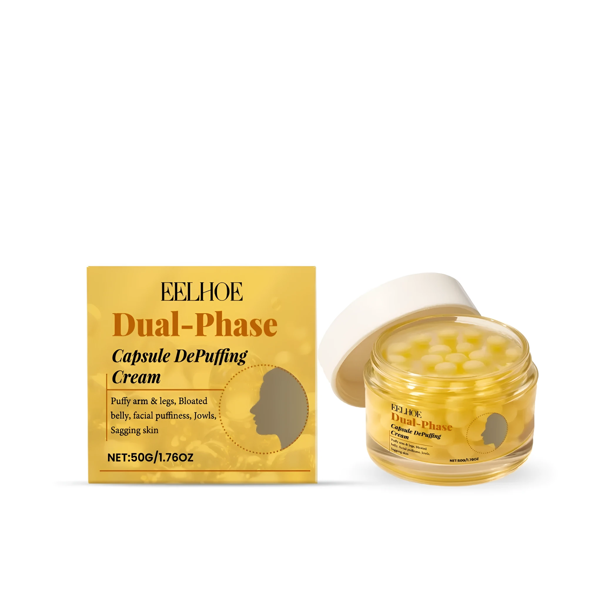 50g dual-phase depuffing cream jar showing cream base with yellow meatball components