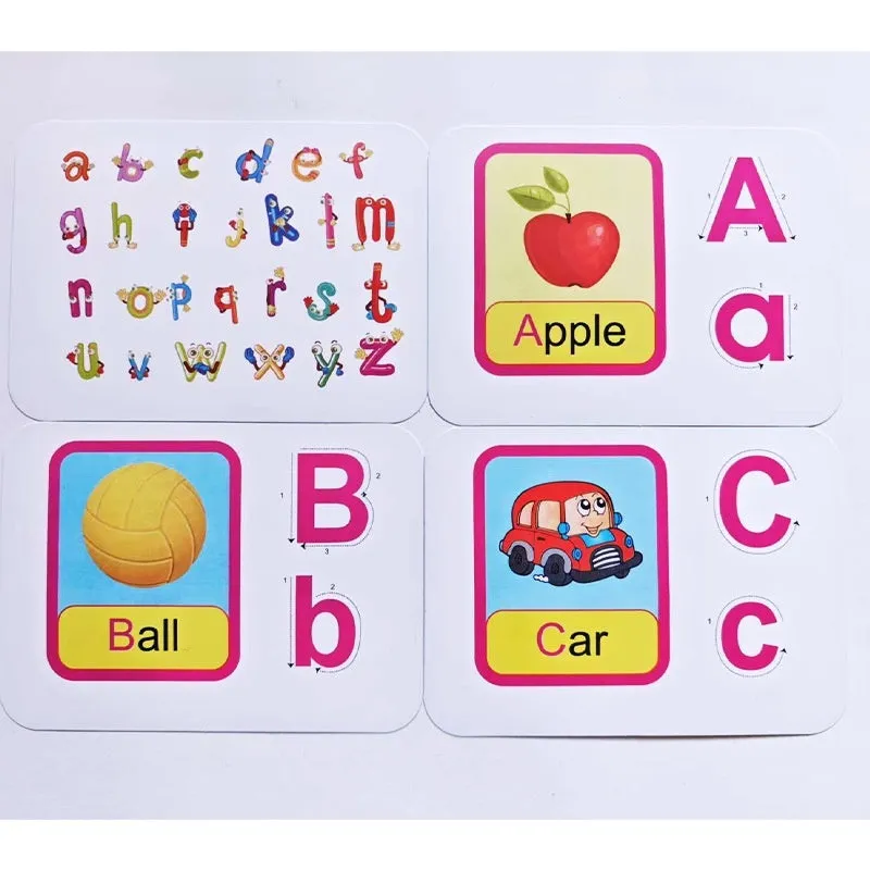 28 paper children's recognition literacy cards covering English and number learning laid out on a flat surface