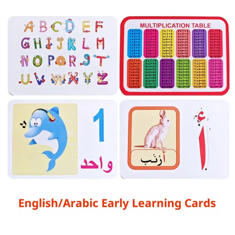 28 paper children's recognition literacy cards covering English and number learning laid out on a flat surface