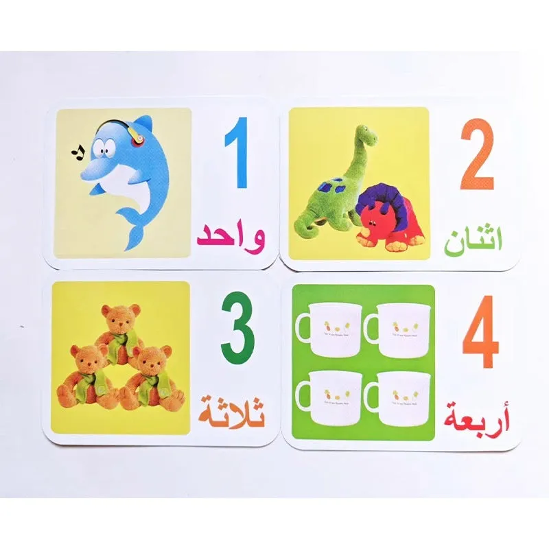 28 paper children's recognition literacy cards covering English and number learning laid out on a flat surface