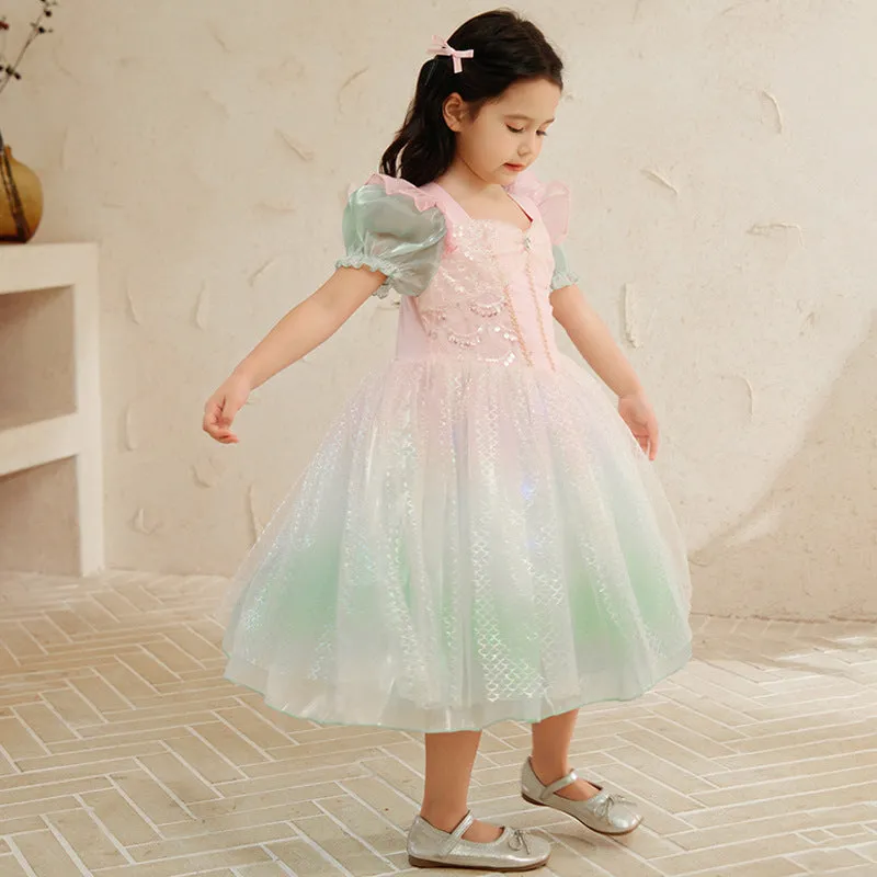 Little girl cotton princess dress with short sleeves and gauze skirt in solid colour with cartoon and flower pattern