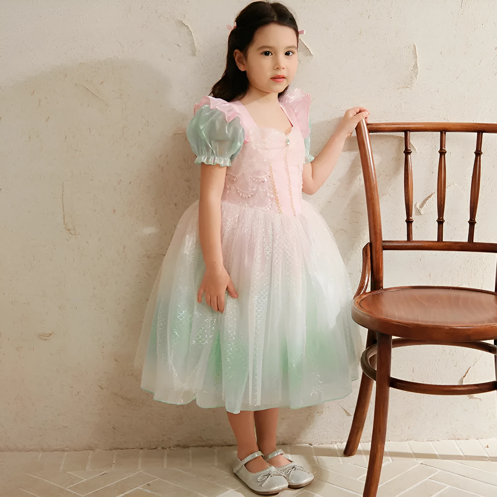 Cotton girls princess dress puff sleeve mermaid solid colour flower print suitable height 100cm