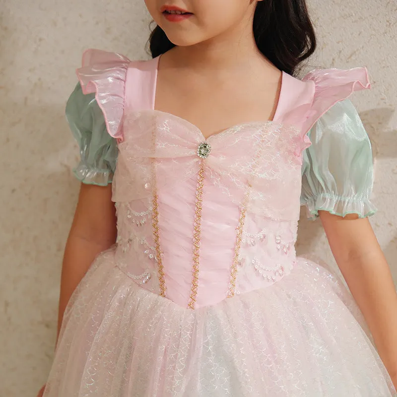 Cotton girls princess dress puff sleeve mermaid solid colour flower print suitable height 100cm
