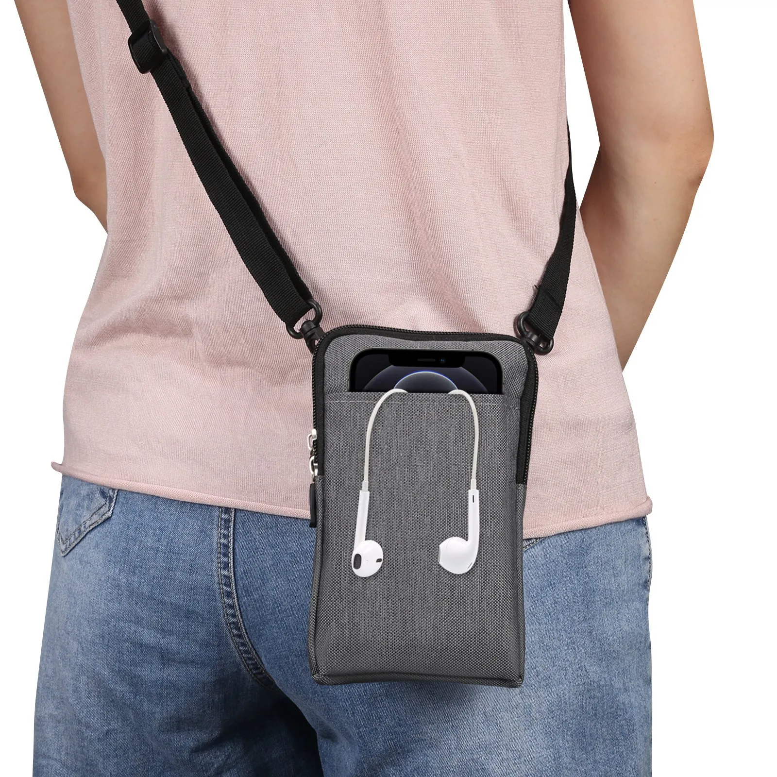 Solid colour waterproof neoprene cross body waist bag shown in available colours: black, rose red, sky blue, dark grey, milky white, orange.