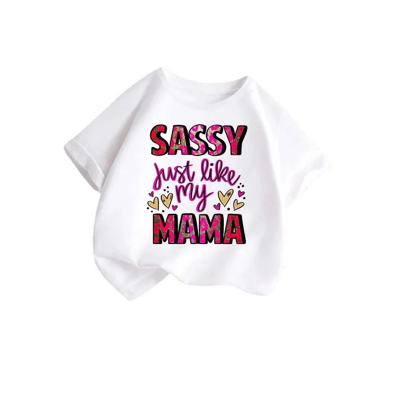 Girls' cotton short sleeve round neck cartoon print t-shirt in pink, suitable for height 100-150cm