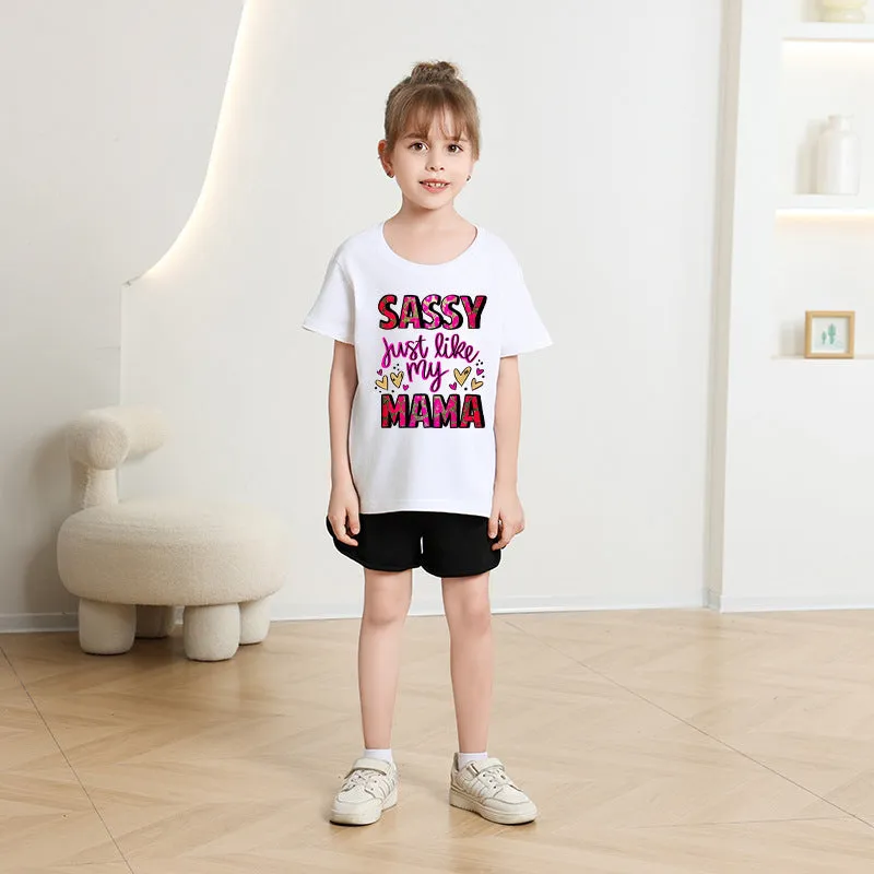 Girls' cotton short sleeve round neck cartoon print t-shirt in pink, suitable for height 100-150cm