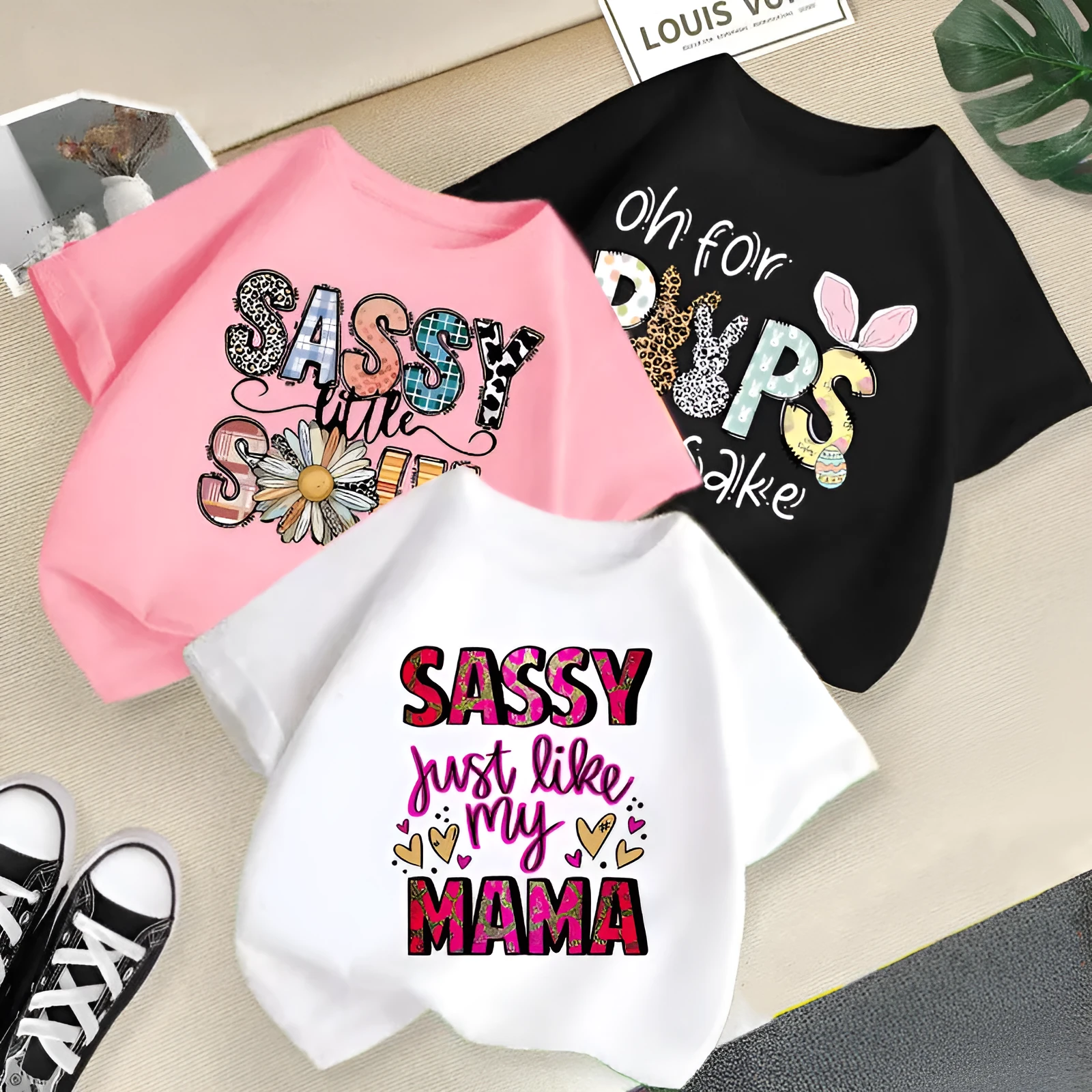 Girls' cotton short sleeve round neck cartoon print t-shirt in pink, suitable for height 100-150cm